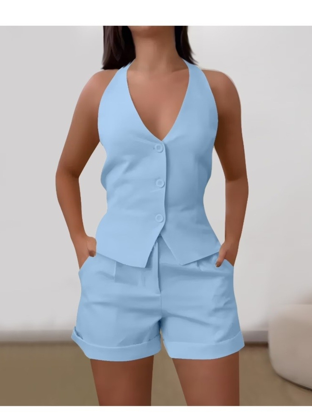 Tailored High-Waist Halter Top Short Set in Light Blue